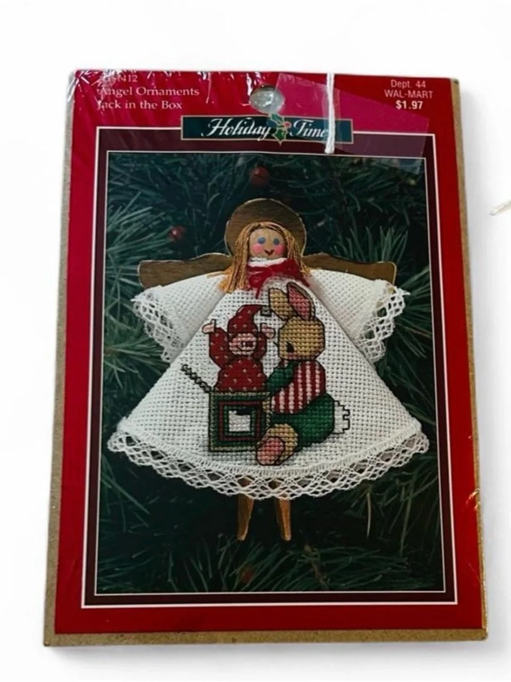 Holiday Time Christmas Angel Cross Stitch Kit With Bunny and Jack in the Box